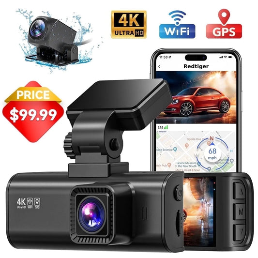 Dash Cam Front and Rear, Dash Cam 4K with Wifi & GPS, 4K/2.5K Front+1080P Rear Dashcam, Dash Camera with Night Vision, 3.18'' LCD Screen, Loop Recording, Black